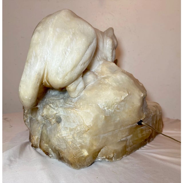 1910s Huge Antique Hand Carved Alabaster Stone Big Tiger Cat Lamp Sculpture Statue For Sale - Image 11 of 14