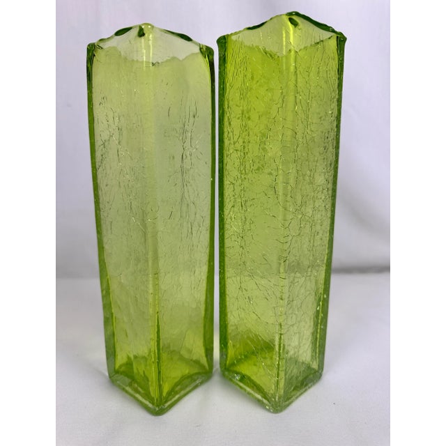 This Pair of MCM Vintage Hand-Blown Art Glass Vases are 10" H x 2.5" W x 2.5" D and are Elegantly Designed in a Glossy...