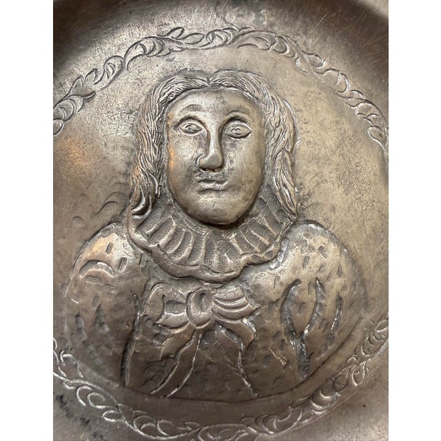 Metal Antique 18th Century Tooled Engraved Handmade Portrait Pewter Plaque Plate Dish For Sale - Image 7 of 9