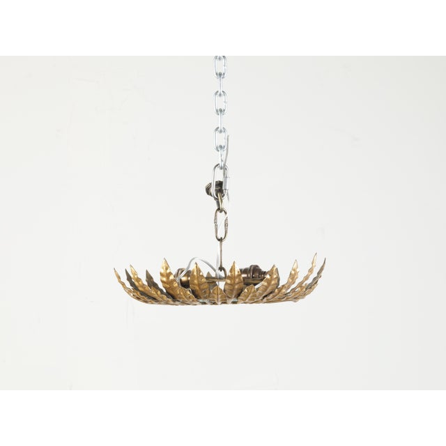 Gold Mid 20th Century Spanish Gilt Metal Crown Chandelier with Leaves and Frosted Glass For Sale - Image 8 of 8