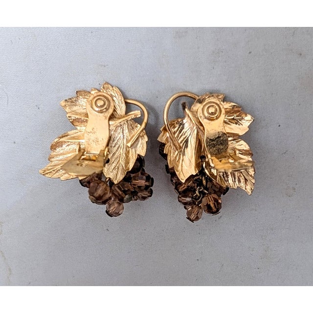 Brown Vintage 1960s Signed Napier Goldtone Faux-Topaz Grape Cluster Dangle Clip Earrings-2 Pieces For Sale - Image 8 of 9
