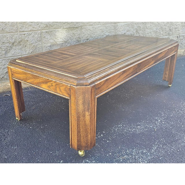 Mid-Century Modern Late 20th Century Oak Parquetry Top Coffee Table on Casters For Sale - Image 3 of 7