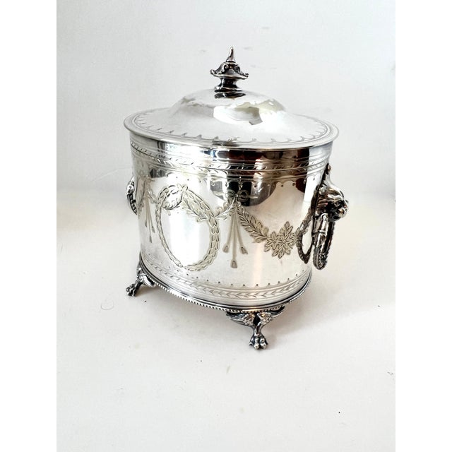 English Silver Plate Tea Caddy with Lion & Ring Handles For Sale - Image 4 of 8