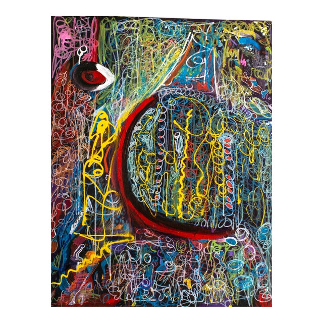 Red Circle — Abstract Expressionist Painting, Oil Markers and Acrylics on Cardboard, 30 × 24 In For Sale