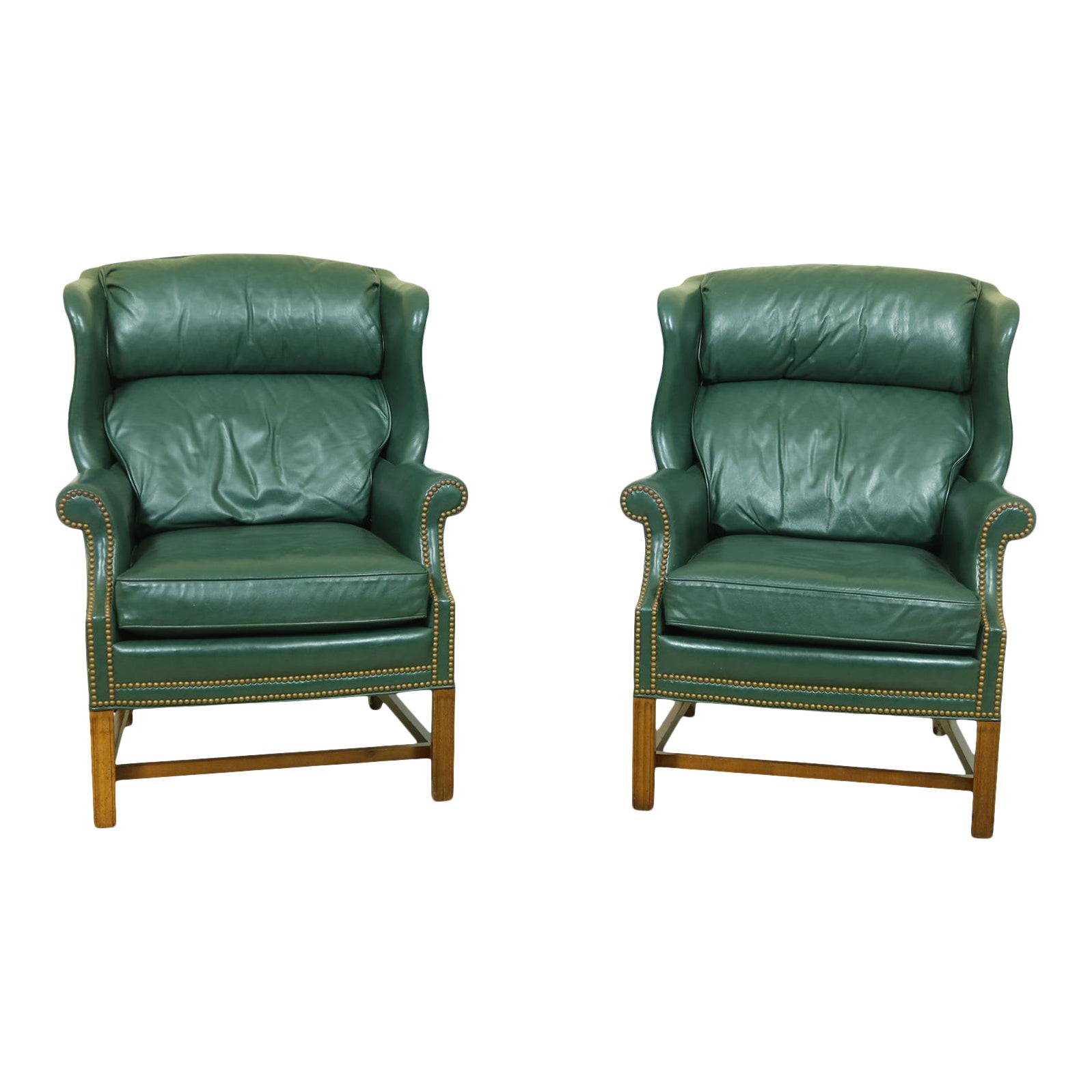 Pair Sherrill Green Leather Wing Back Easy Chairs Chairish