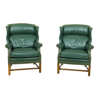 Sherrill Green Leather Wing Back Easy Chairs - a Pair For Sale