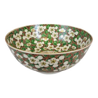 Large Antique Japanese Kutani Cherry Blossom Bowl With Butterfly Medallion For Sale