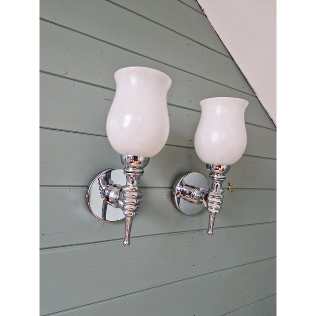 Wall Lights in Chromed Metal and White Satin Glass, 1960, Set of 2 For Sale - Image 10 of 10