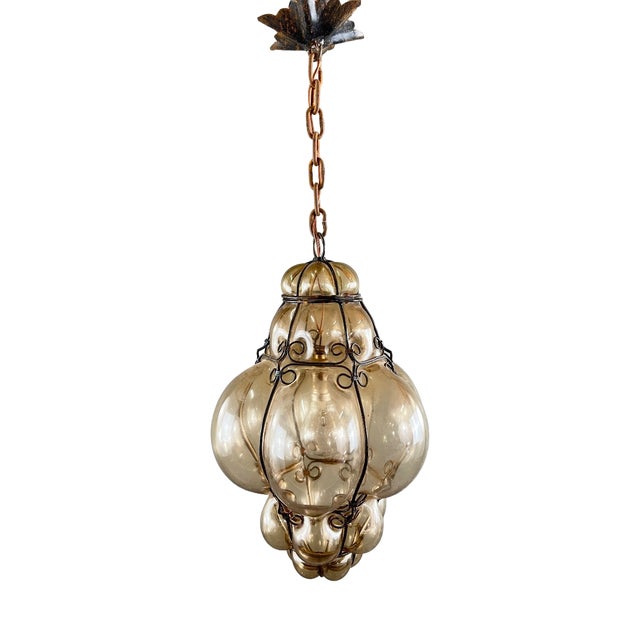 20th Century Italian Amber Blown Glass Lantern Pendant Light For Sale