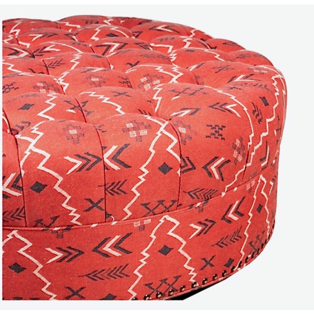 Large Round Tufted Ottoman in Native American Motif For Sale - Image 4 of 8