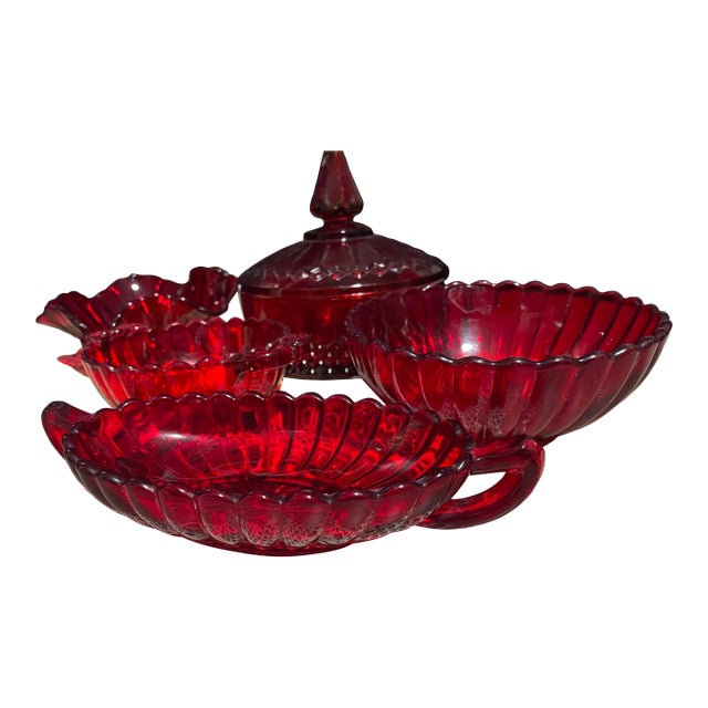 1960s Elegant Indiana Glass Co. Cut Crystal Lot of Relish Dishes, Catch-All Bowls and Candy Dish With Lid - 6 Piece For Sale