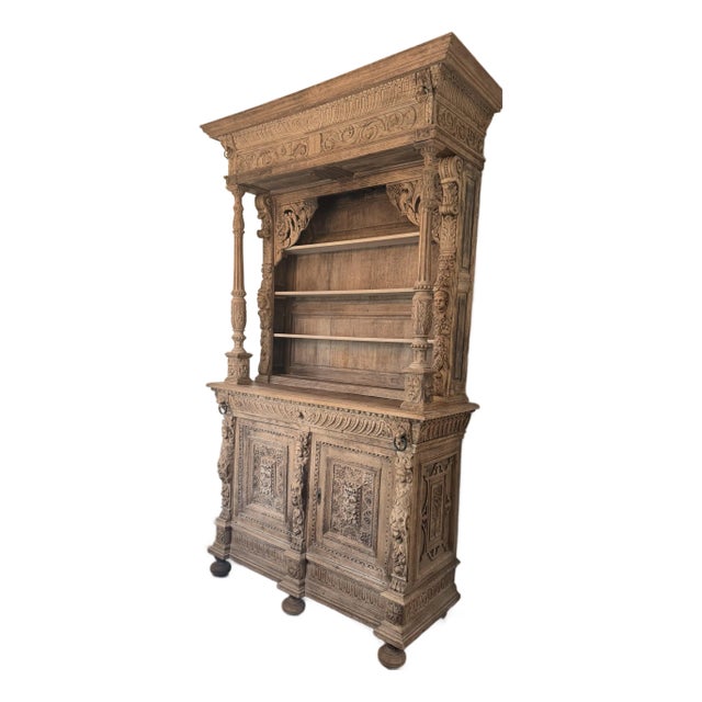 19th Century French Antique Carved Bleached Oak Buffet / Hutch For Sale