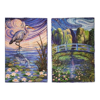 Blue Heron and Water Lilies Cotton Panel Wall Hangings - Set of 2 For Sale