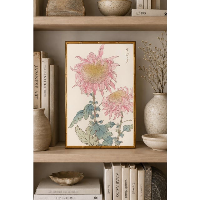 Paper Two Pink Chrysanthemums by Hasegawa, Vintage Japanese Botanical Art Print, 12" X 18" For Sale - Image 7 of 9