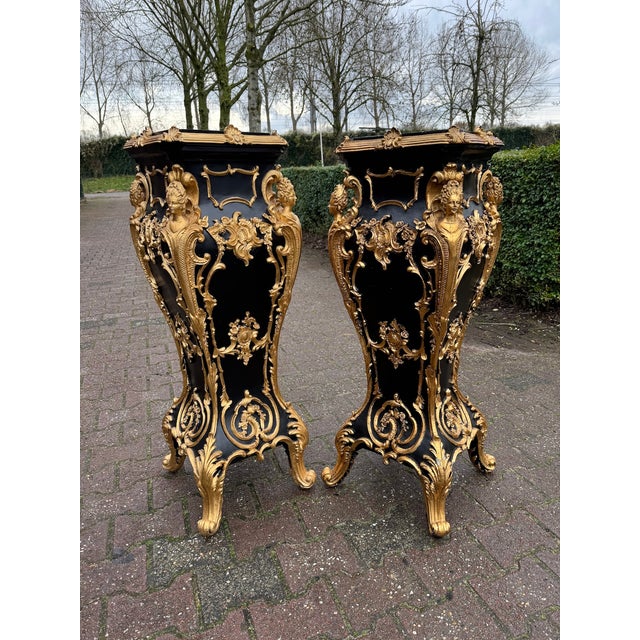 Baroque Late 20thC Italian Baroque Black Gold Pedestals – Pair For Sale - Image 3 of 14