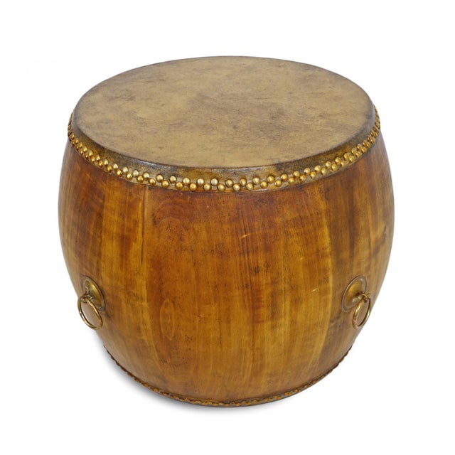 Natural wood honey stained drum vintage coffee or end table. Hand crafted from solid elm wood with thick stained leather...