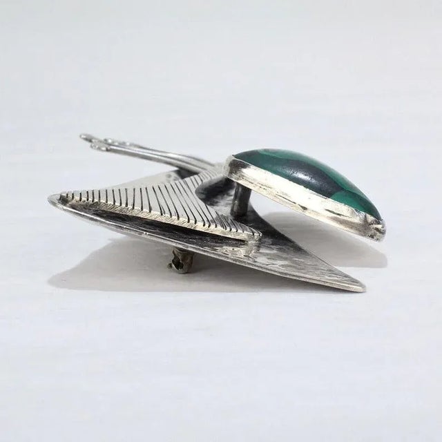 Green Ed Wiener Sterling Silver & Malachite Midcentury Modernist Brooch / Pendant For Sale - Image 8 of 10