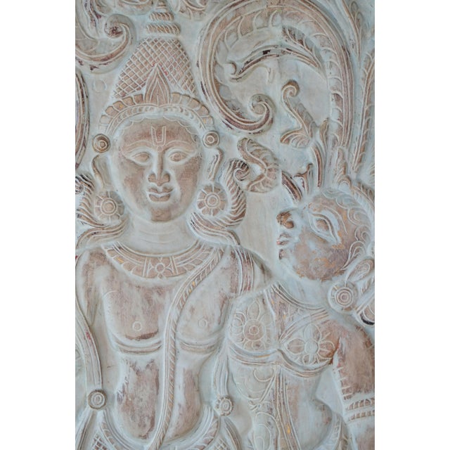 Mid-Century Modern Hand-Carved Radha Krishna Wall Art – Vintage Reclaimed Wood Sliding Barn Door 84x41 For Sale - Image 3 of 5
