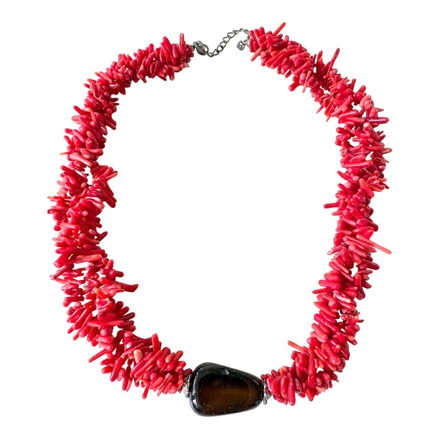 Vintage Coral and Smoke Quartz Beaded Necklace For Sale