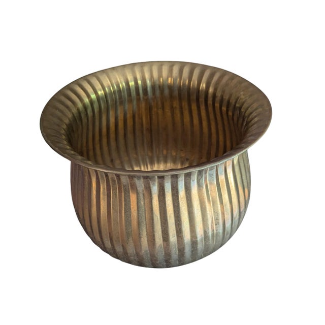 Hollywood Regency Large Vintage Solid Brass Fluted Cachepot Planter For Sale - Image 3 of 7