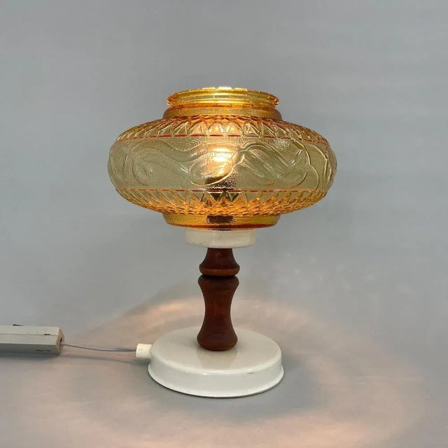 Mid-Century Glass & Wood Table Lamp, Czechoslovakia, 1970s For Sale - Image 9 of 10