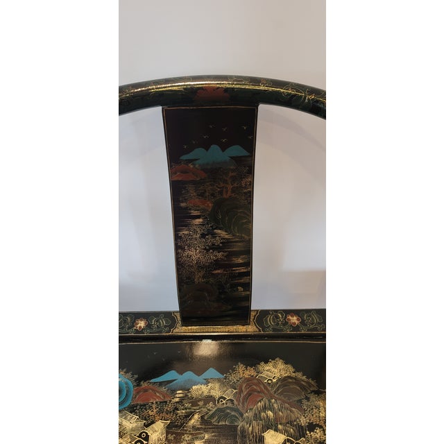 Art Deco Chinese Horseshoe Chairs Black Lacquer Hand Painted Pair For Sale - Image 3 of 13