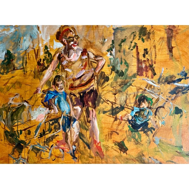 Large Orange Oil on Canvas Painting by Raoul Middleman Beach scene, family at the shore. 38 X 52.5 inches Raoul Middleman...