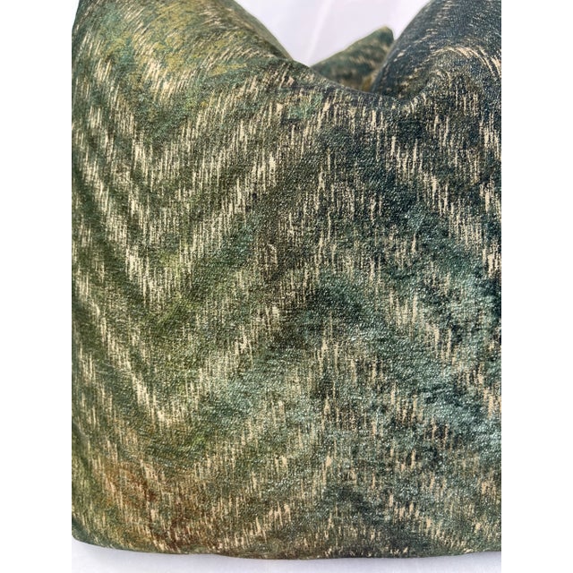 Custom pair of 22" pillows covered in a forest green lightweight embossed velvet in a chevron pattern. These pillows have...