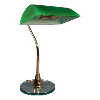 Banker Table Lamp in Polished Brass with Satin Green Glass Shade, 1970s For Sale