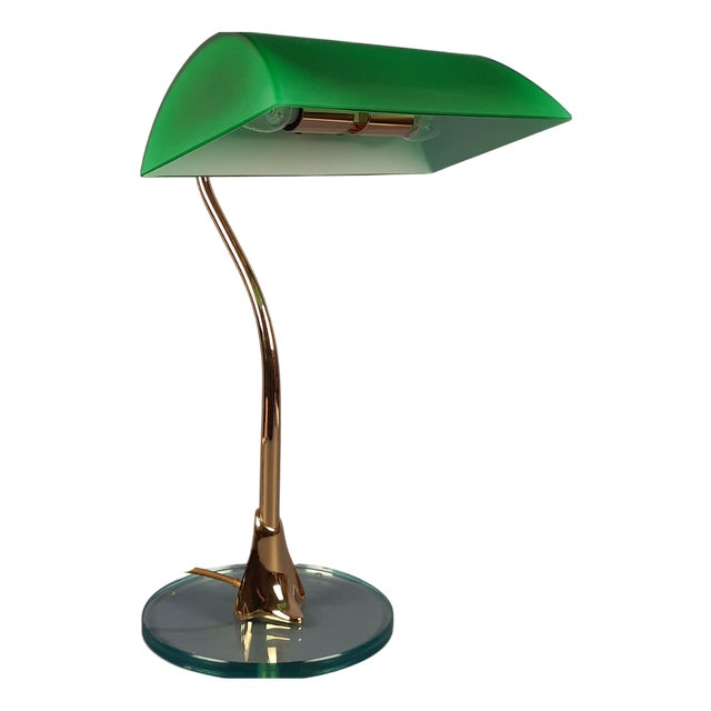 Banker Table Lamp in Polished Brass with Satin Green Glass Shade, 1970s For Sale