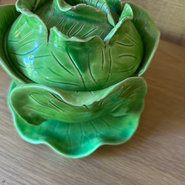French Jean Roger Attributed Ceramic Majolica Green Cabbage Tureen With Under Plate For Sale - Image 4 of 9