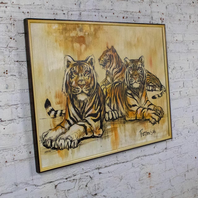 Brown Mid-20th Century Mid-Century Modern Large Resting Tiger Canvas Painting by Pettersen Black and Gold Frame For Sale - Image 8 of 18