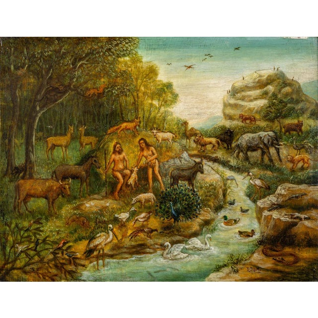 Antique Provincial European Painting of Adam and Eve in Paradise Anonymous, Monogrammed LVDM (?) Late 19th or early 20th...