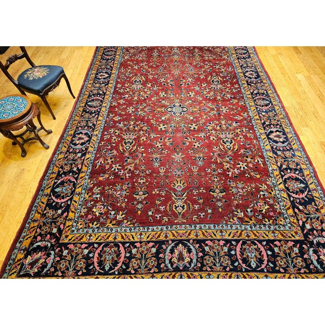 Vintage Persian Kashan Rug, Hand-Knotted Wool, Allover Floral Pattern, Red & Navy, 9x14 For Sale - Image 4 of 17