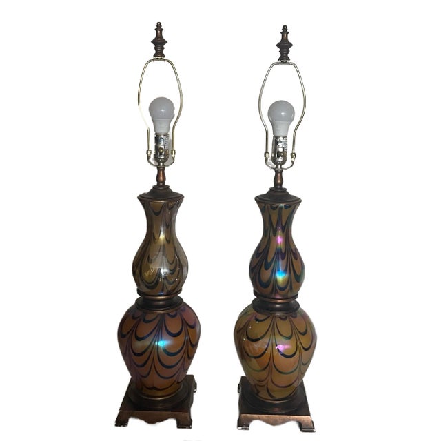 Mid 20th Century Vintage Iridescent Art Glass Table Lamps-Murano Style Amber Feather Patten - A Pair For Sale - Image 5 of 17