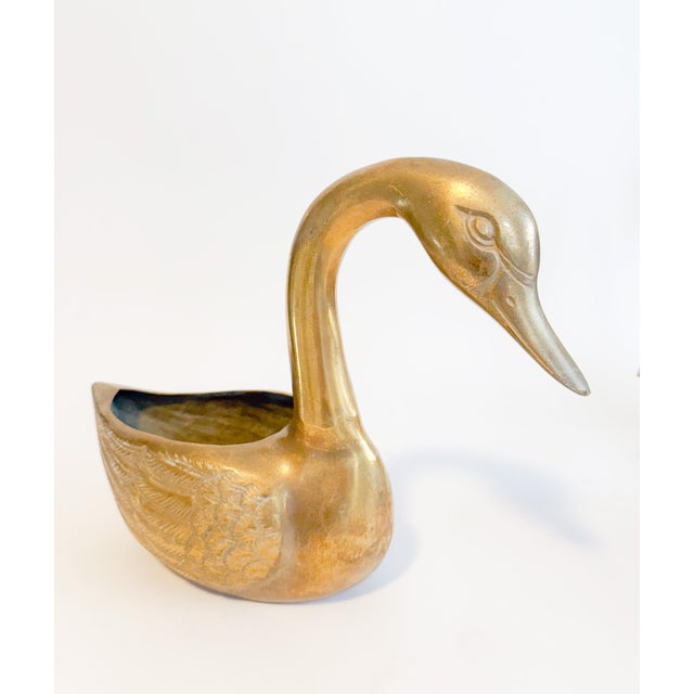 1970s Vintage Hollywood Regency Brass Swan Cachepot Planters - Trio For Sale - Image 5 of 9