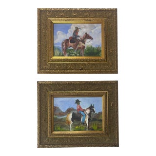 Pair of Small Western Cowboy & Horse Paintings in Ornate Gold Wood Frames - Unsigned Unknown Artist For Sale