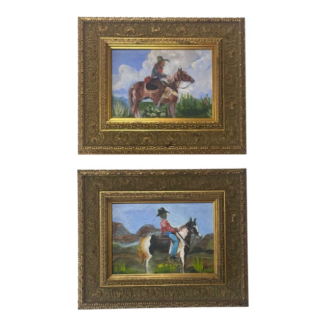 Pair of Small Western Cowboy & Horse Paintings in Ornate Gold Wood Frames - Unsigned Unknown Artist For Sale