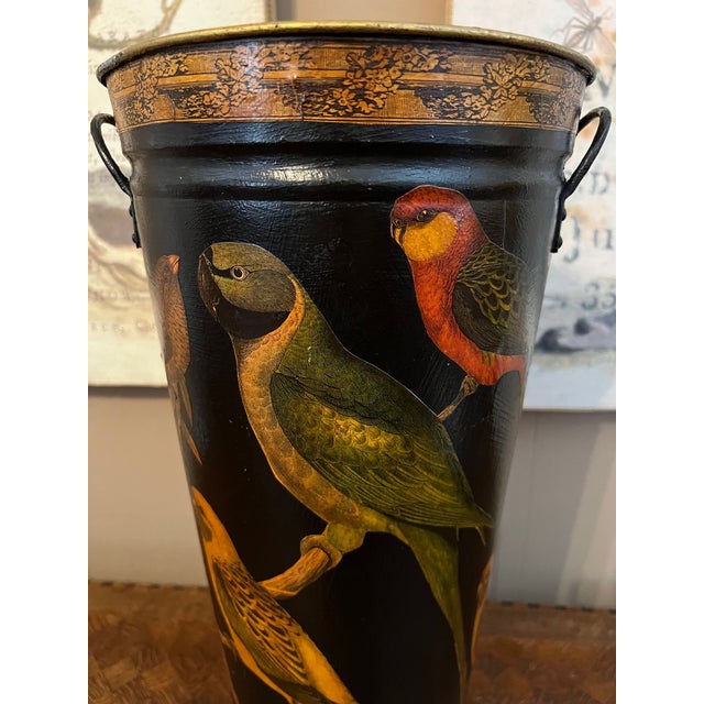 Vintage English Planter Jardiniere Urn Bird Decoupage Black Tole Aviary Décor For Sale In Dallas - Image 6 of 18