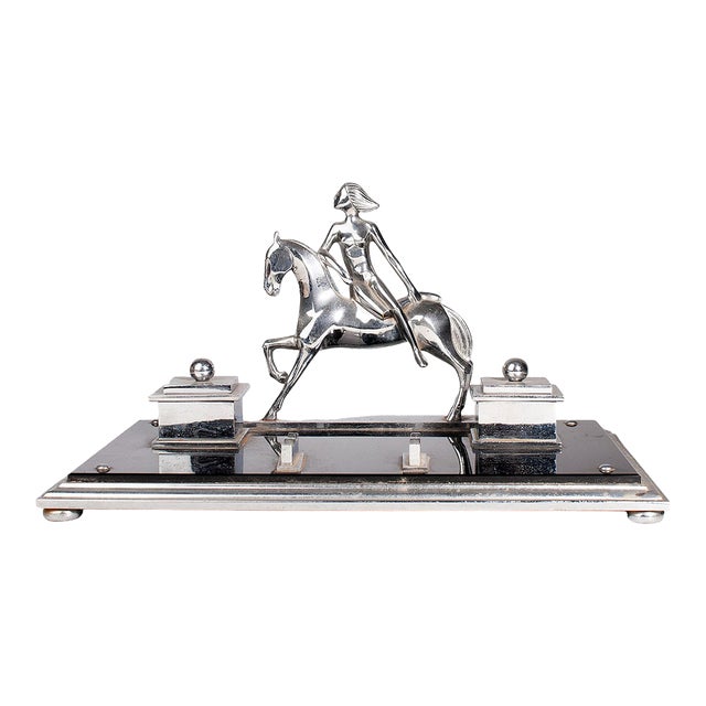 Early 20th Century French Art Déco Metal Desk Tidy With Woman Horseriding, Pen Holder and a Pair of Inkwells For Sale