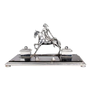 Early 20th Century French Art Déco Metal Desk Tidy With Woman Horseriding, Pen Holder and a Pair of Inkwells
