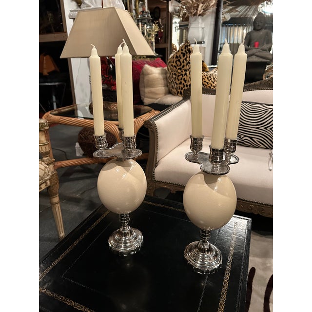 Silver Plate & Ostrich Egg Candlesticks -a Pair For Sale - Image 10 of 11