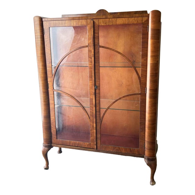 Art Deco Figured Walnut Display Cabinet with Cabriole Legs, 1930s For Sale