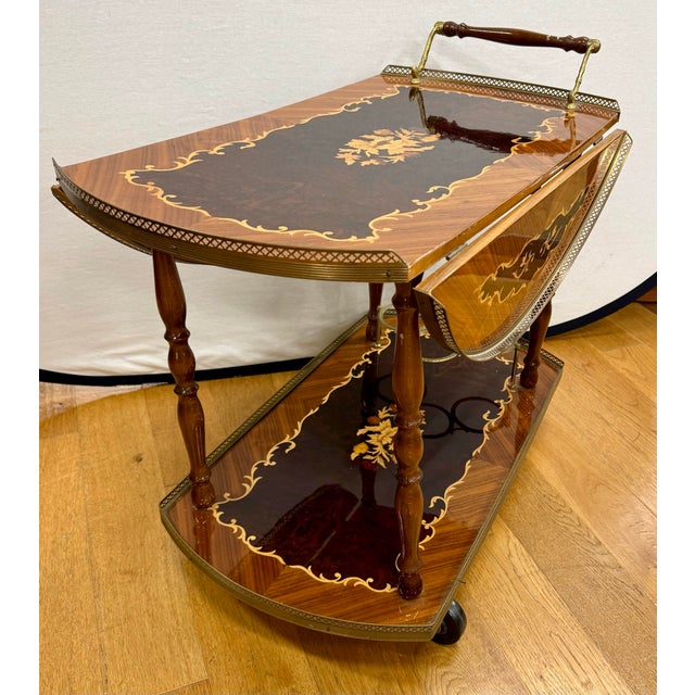 Vintage Italian Marquetry Drop-Leaf Rolling Bar Cart Tea Trolley For Sale - Image 4 of 7