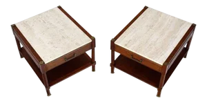 1970s Mid-Century Modern Travertine Tops One Drawer Oiled Walnut End Tables - a Pair