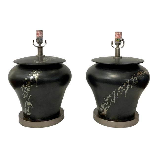 Currey & Co. Abstract Modern Reactive Bronze Glaze Porcelain Table Lamps Pair Prototypes For Sale