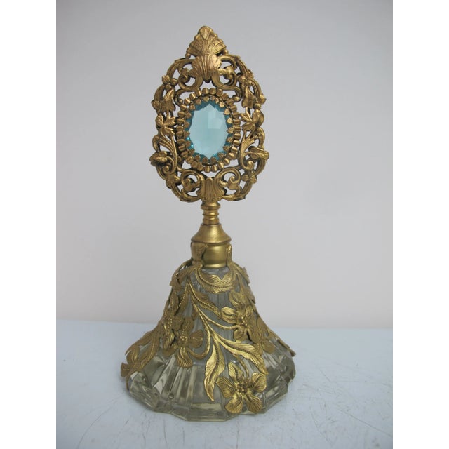 Vintage Czech Glass Gold Ormolu Filigree Blue Stone Stopper Perfume Bottle For Sale - Image 4 of 10