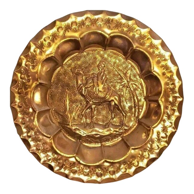 Antique Handmade Ornate Copper Wall Decor Plate Palm Tree, Camel, Bedouin For Sale