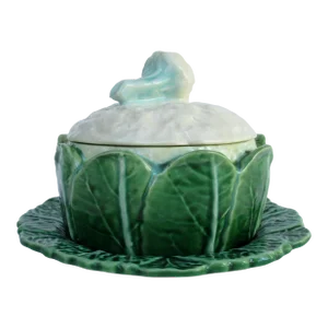 Vintage C.1950's Majolica Cauliflower Lidded Individual Bowl, Serving Side Piece With Underplate -Made in (Portugal)