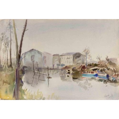 Contemporary Carlo Ravagnan, View of Burano, 1978, Watercolor For Sale - Image 3 of 3
